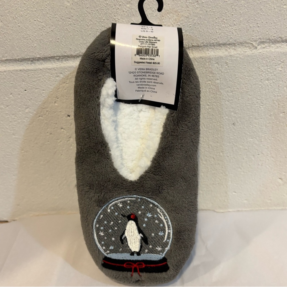 Vera Bradley Cozy Life Slippers Holiday Christmas Gray embroidered penguin soft - Picture 4 of 6